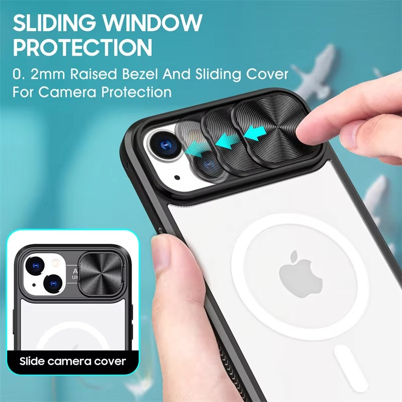 Premium Apple iPhone Case MagSafe Compatible, Camera Lens & Screen Protection,  Cover with Slide Lens & Clear Acrylic Back