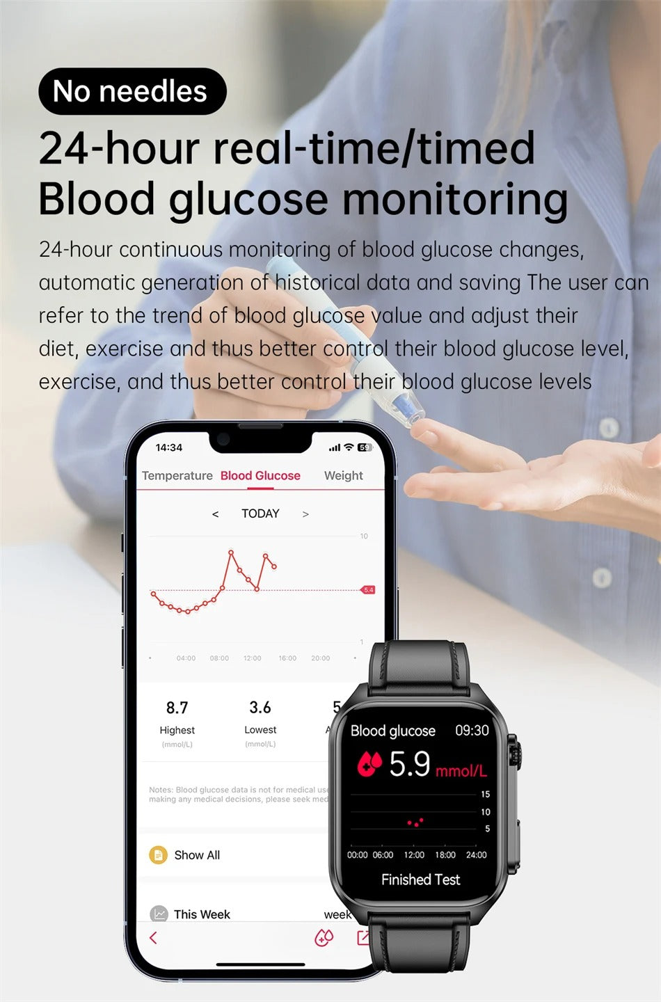 Premium Health Smartwatch for iPhone – Non-Invasive Blood Glucose Monitor with ECG+PPG, AI Voice Assistant, Bluetooth Calling