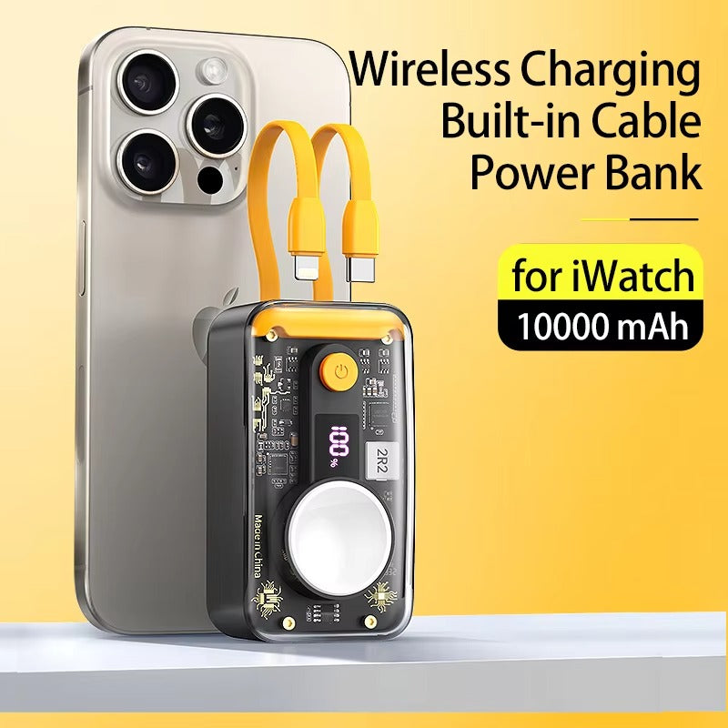 Premium, 10000mAh Wireless Power Bank with Built-in Cable – PD 20W Fast Charging Battery Source for Apple Watch S1–S9, iPad Air