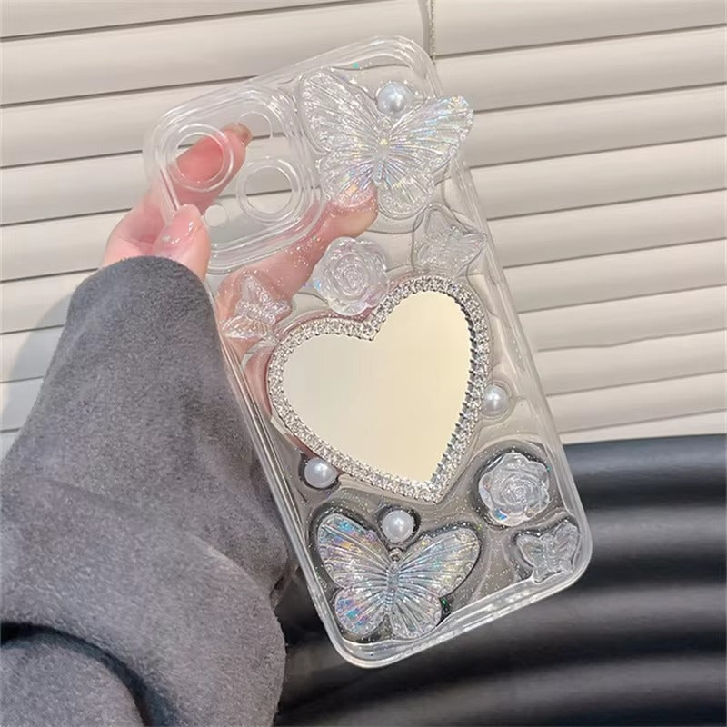 Luxury Apple iPhone Case, MagSafe Compatible, Camera Lens and Screen Protection, Ultra Thin, Shockproof, Magnetic, Full All Around Protection, Glitter Butterfly Mirror Cover