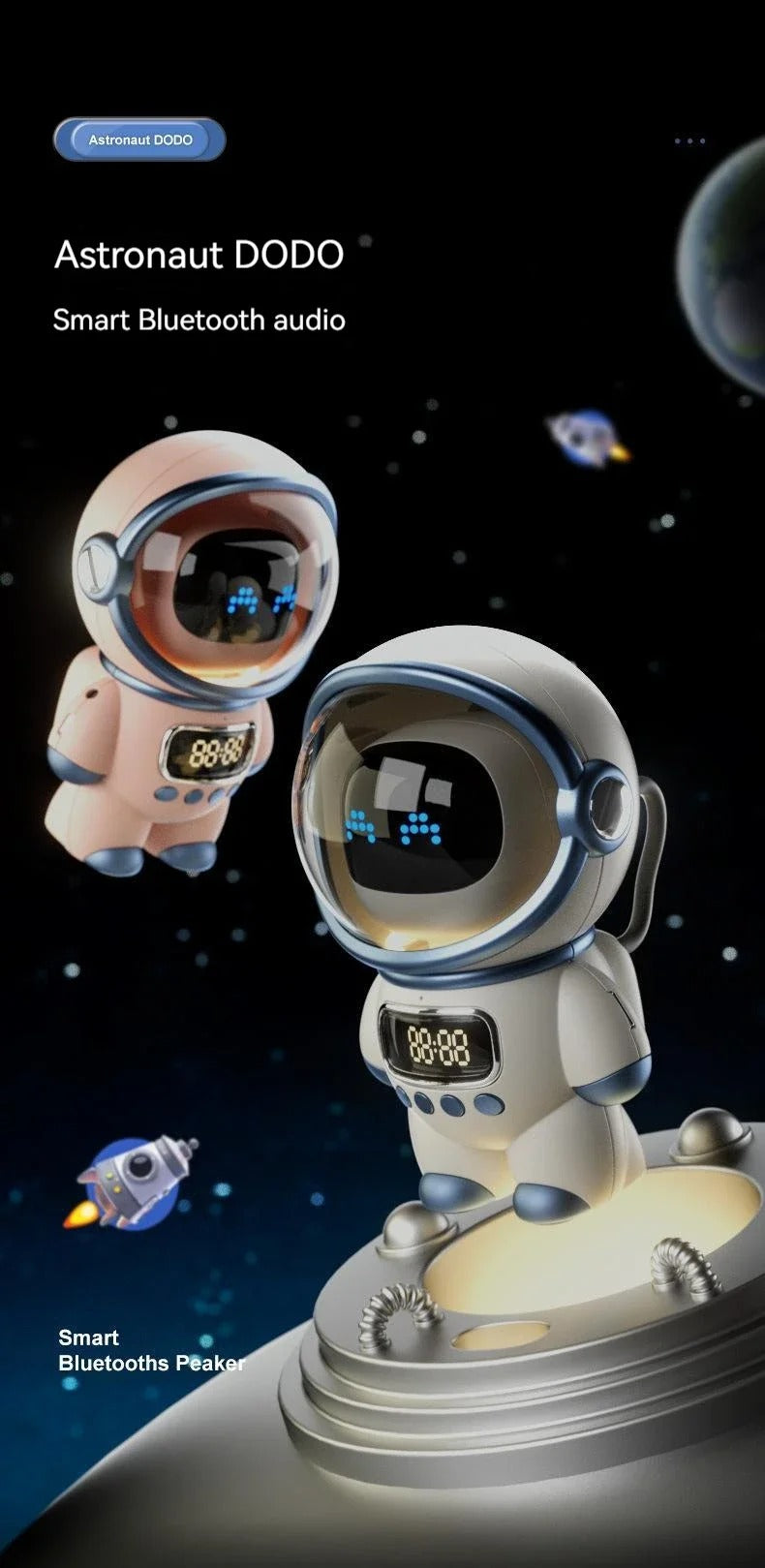 Premium Bluetooth Speaker with Smart Alarm Clock for iPhone – Astronaut Design with FM Radio, Custom Night Light