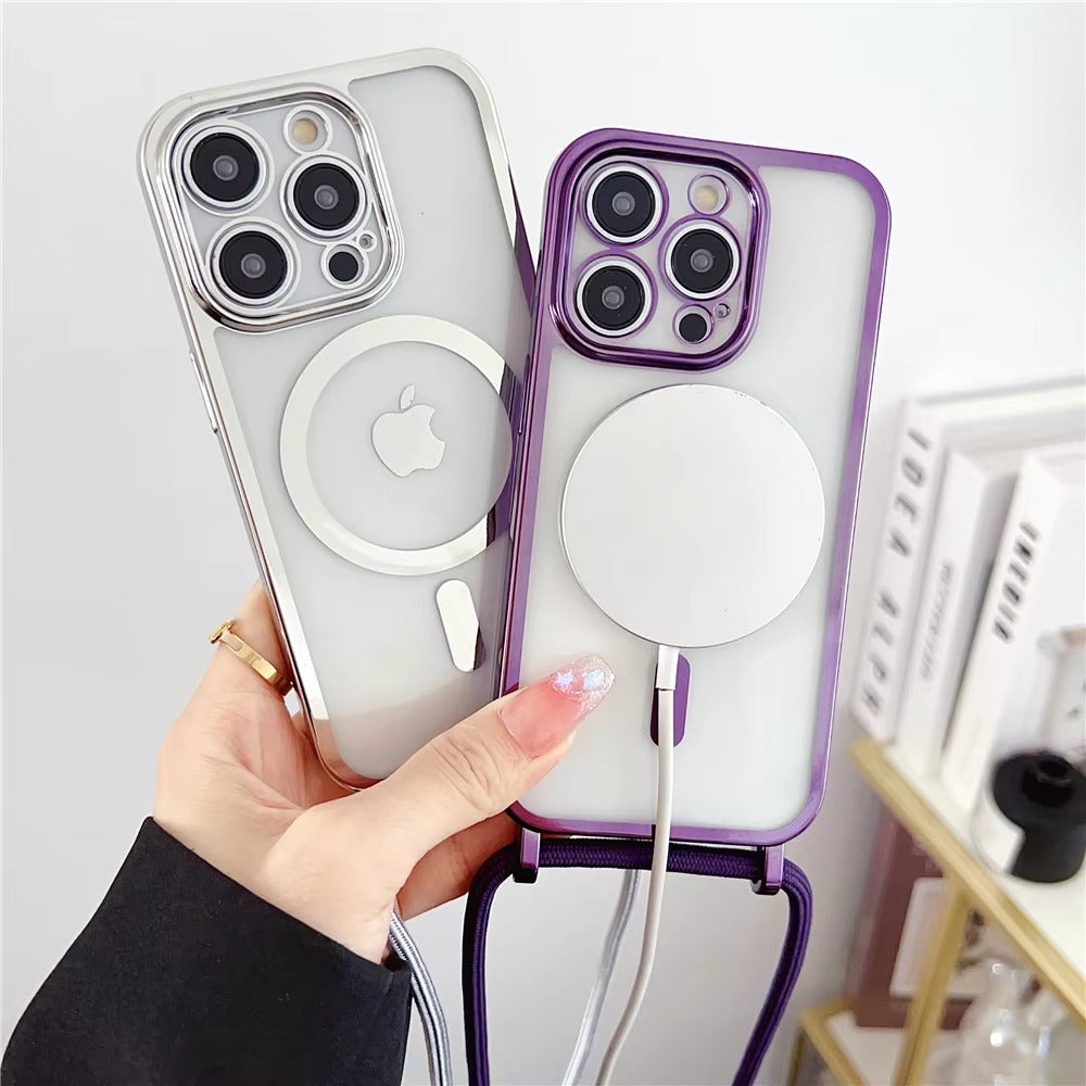 Luxury Apple iPhone Case, MagSafe Compatible, Camera Lens & Screen Protection, Ultra Thin, Shockproof, Magnetic Full All Around Cover – Clear Plating Soft Case with Necklace Lanyard Cord