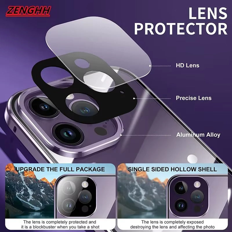 Luxury Apple iPhone Case MagSafe Compatible, Camera Lens & Screen Protection Cover with Double Glass Snap Lock Frame