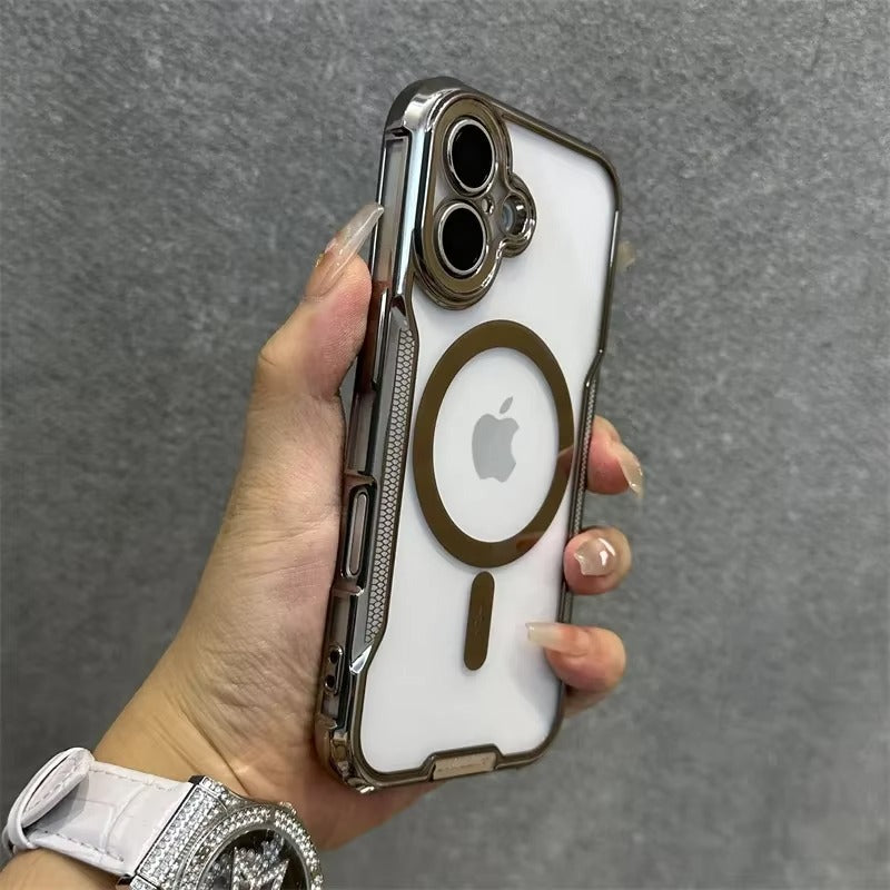 High Quality Apple iPhone Case, MagSafe Compatible, Camera Lens & Screen Protection, Ultra Thin, Shockproof, Magnetic Full All Around Cover – Blade Mecha TPU Transparent Case with Plating Finish & Wrist Strap