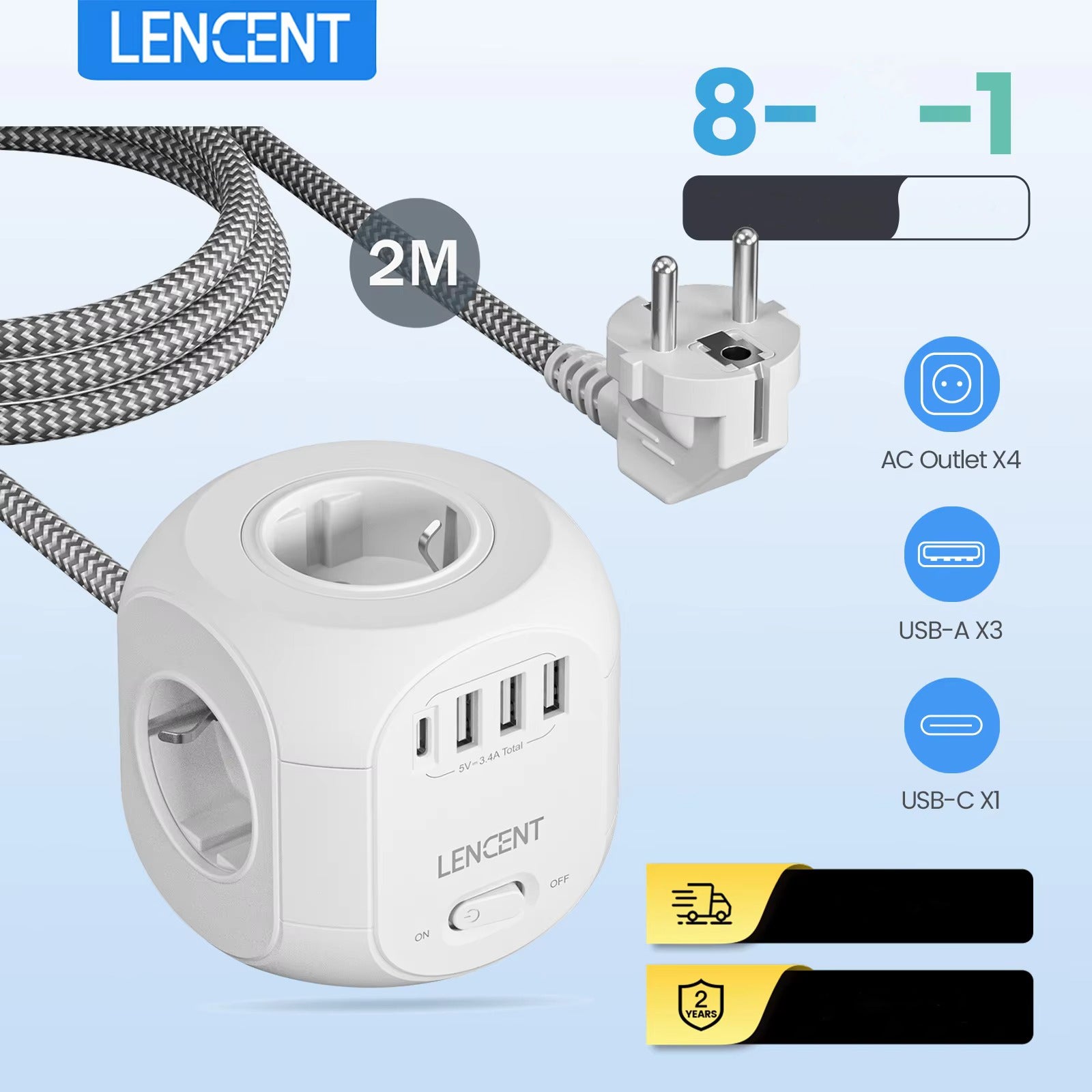 Premium, EU Plug Power Strip with 4 AC Outlets, 3 USB Ports, 1 Type-C, 2M/3M Braided Cable – Multi Socket Extension for Home