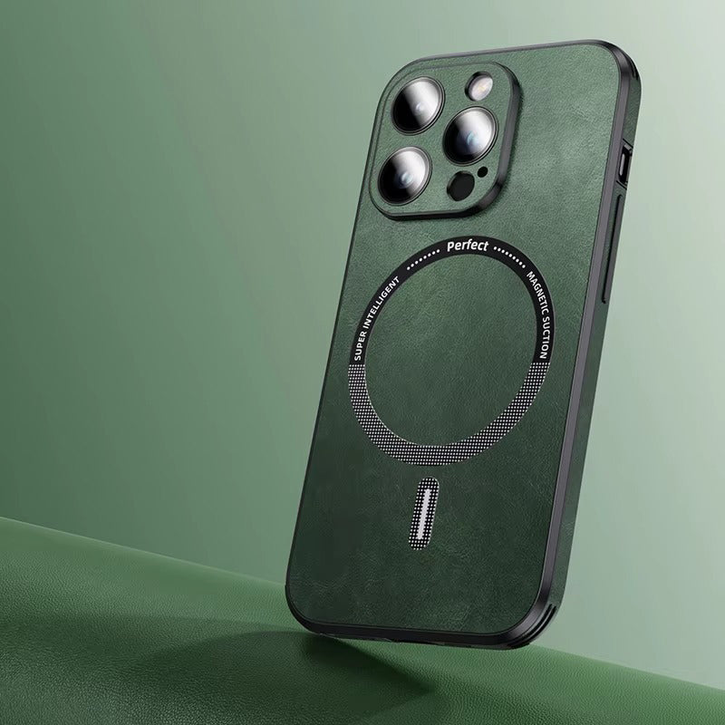 Premium MagSafe Leather iPhone Case with Magnetic Shockproof Design, Glass Lens Protector, Full Body Drop Defense, 