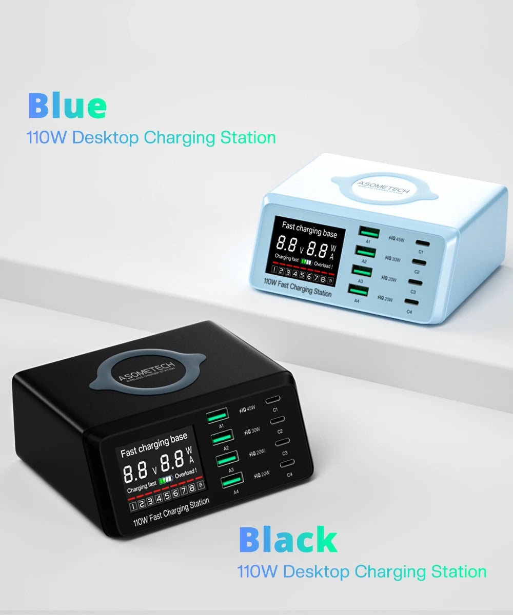 Premium 110W USB C Charging Station – Multi Port 9 in 1 Fast Charger with PD QC3.0, Wireless Charging, Digital Display for Phones, Tablets and Earbuds