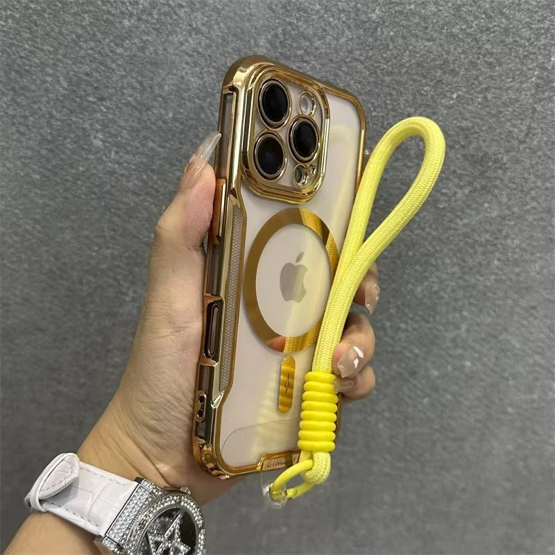 High Quality Apple iPhone Case, MagSafe Compatible, Camera Lens & Screen Protection, Ultra Thin, Shockproof, Magnetic Full All Around Cover – Blade Mecha TPU Transparent Case with Plating Finish & Wrist Strap