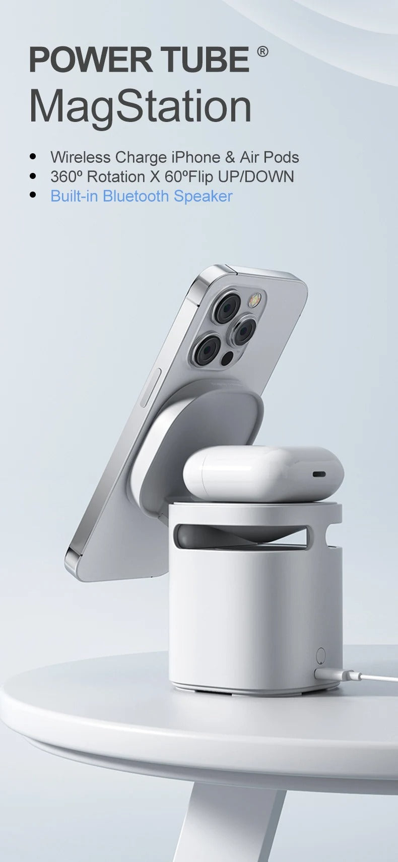 Premium Magnetic Wireless Charging Station with Bluetooth Speaker – 15W Fast Charger Stand and Phone Holder Dock for iPhone and AirPods