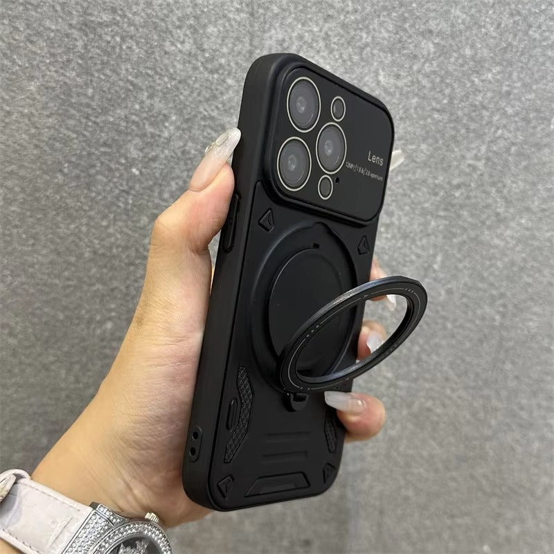 Luxury Apple iPhone Case, MagSafe Compatible, Camera Lens & Screen Protection, Ultra Thin, Shockproof, Magnetic Full All Around Cover – Stand Holder Case with Lens Guard, Wristband & Lanyard Strap