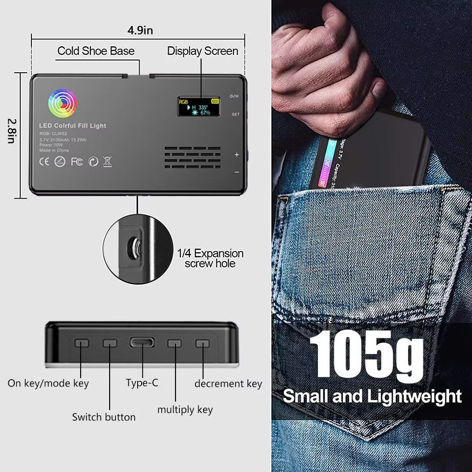 High Quality, RGB LED Video Light Panel – Adjustable 2500–9000K Fill Light with LCD Display, Vlogging, and Apple Devices