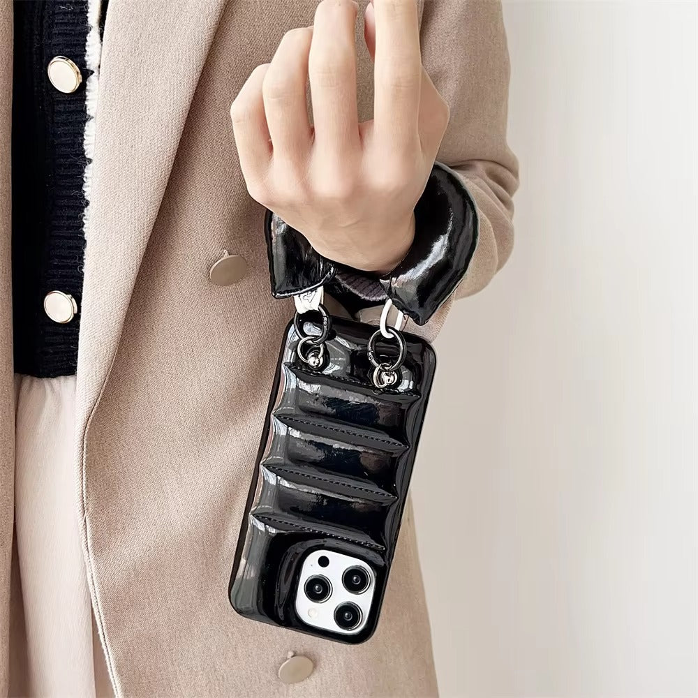 Luxury Apple iPhone Case, MagSafe Compatible, Camera Lens & Screen Protection, Ultra Thin, Shockproof, Magnetic Full All Around Cover – Down Jacket Style Silicone Case with Wrist Strap & Soft Finish