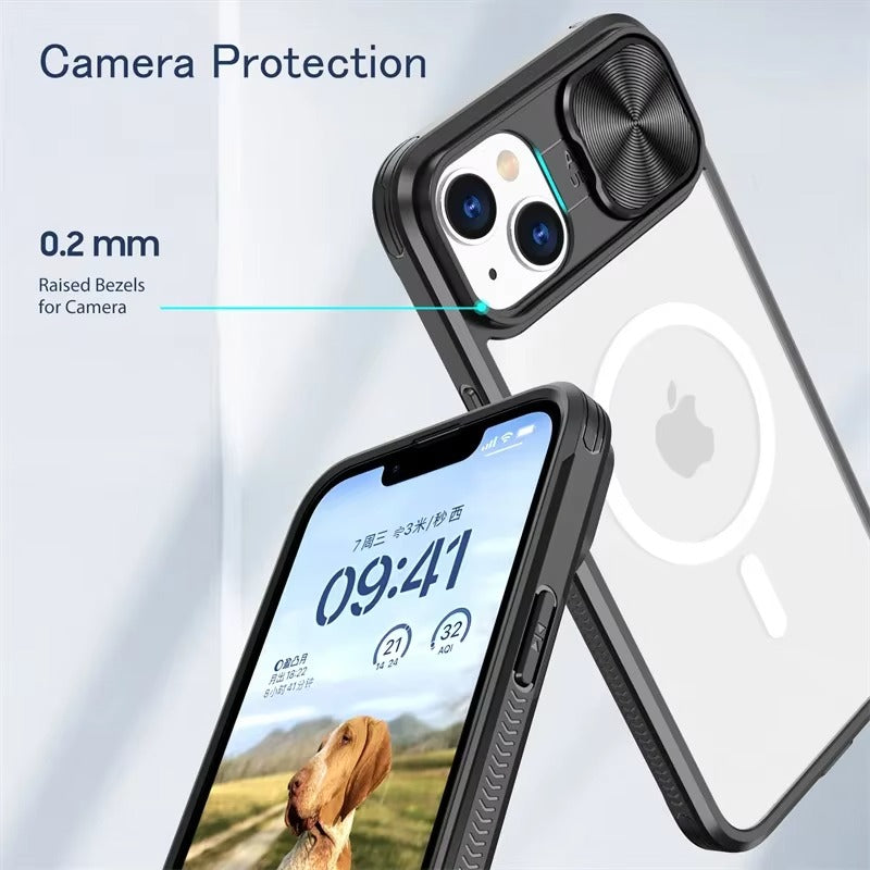 Premium Apple iPhone Case MagSafe Compatible, Camera Lens & Screen Protection,  Cover with Slide Lens & Clear Acrylic Back