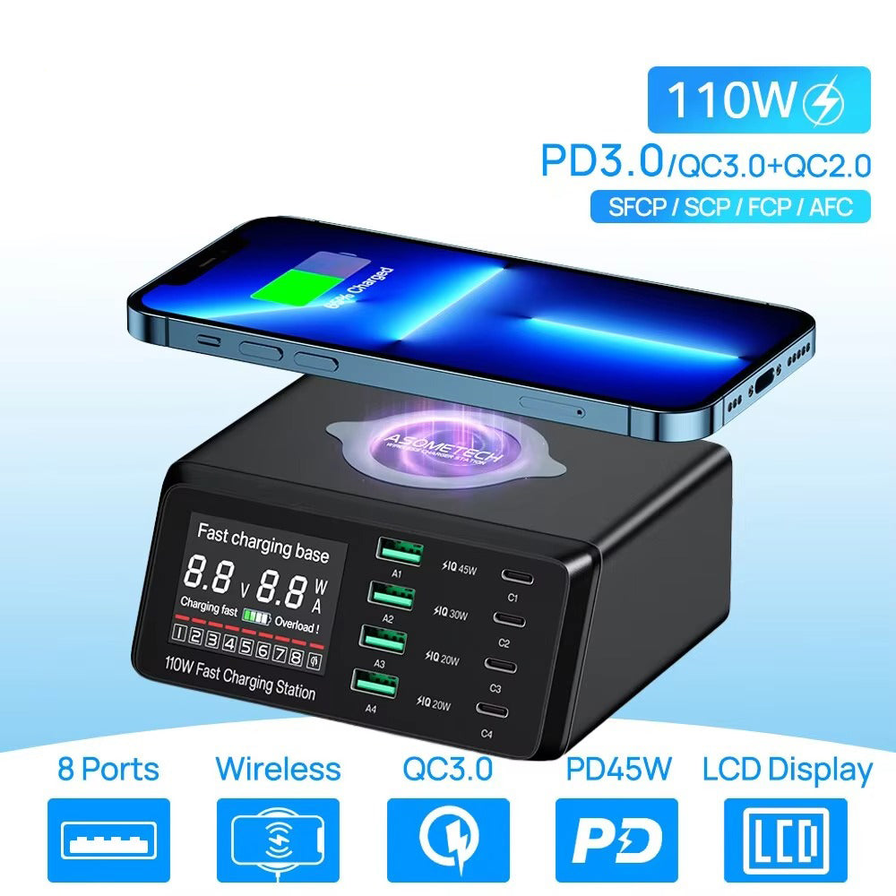 Premium 110W USB C Charging Station – Multi Port 9 in 1 Fast Charger with PD QC3.0, Wireless Charging, Digital Display for Phones, Tablets and Earbuds