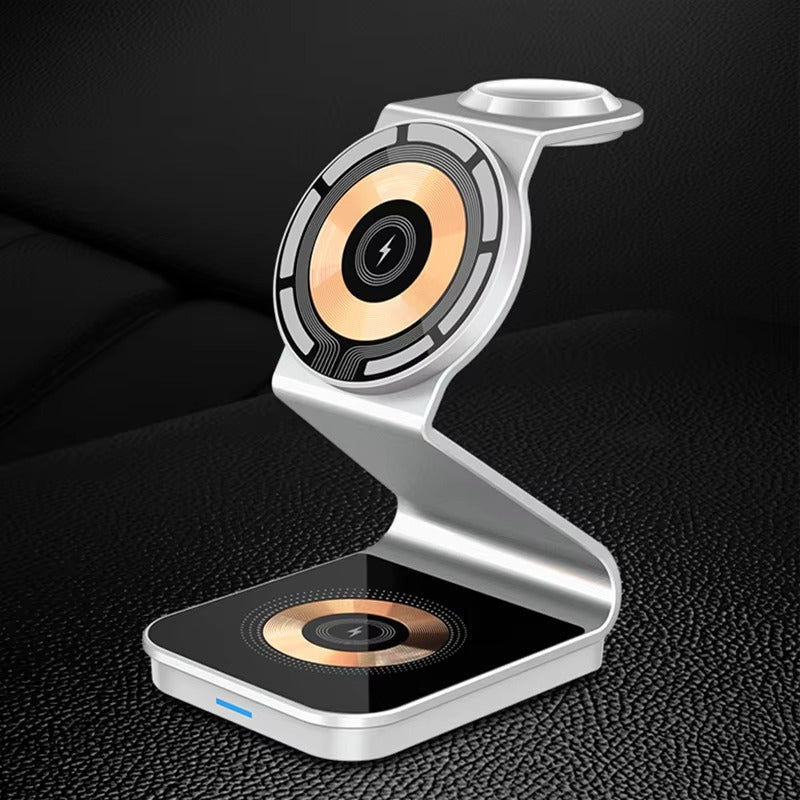 Luxury 3 in 1 Magnetic Wireless Charger Stand – Transparent Fast Charging Dock for iPhone, Apple Watch, AirPods with Aluminum Alloy Design, 15W Output