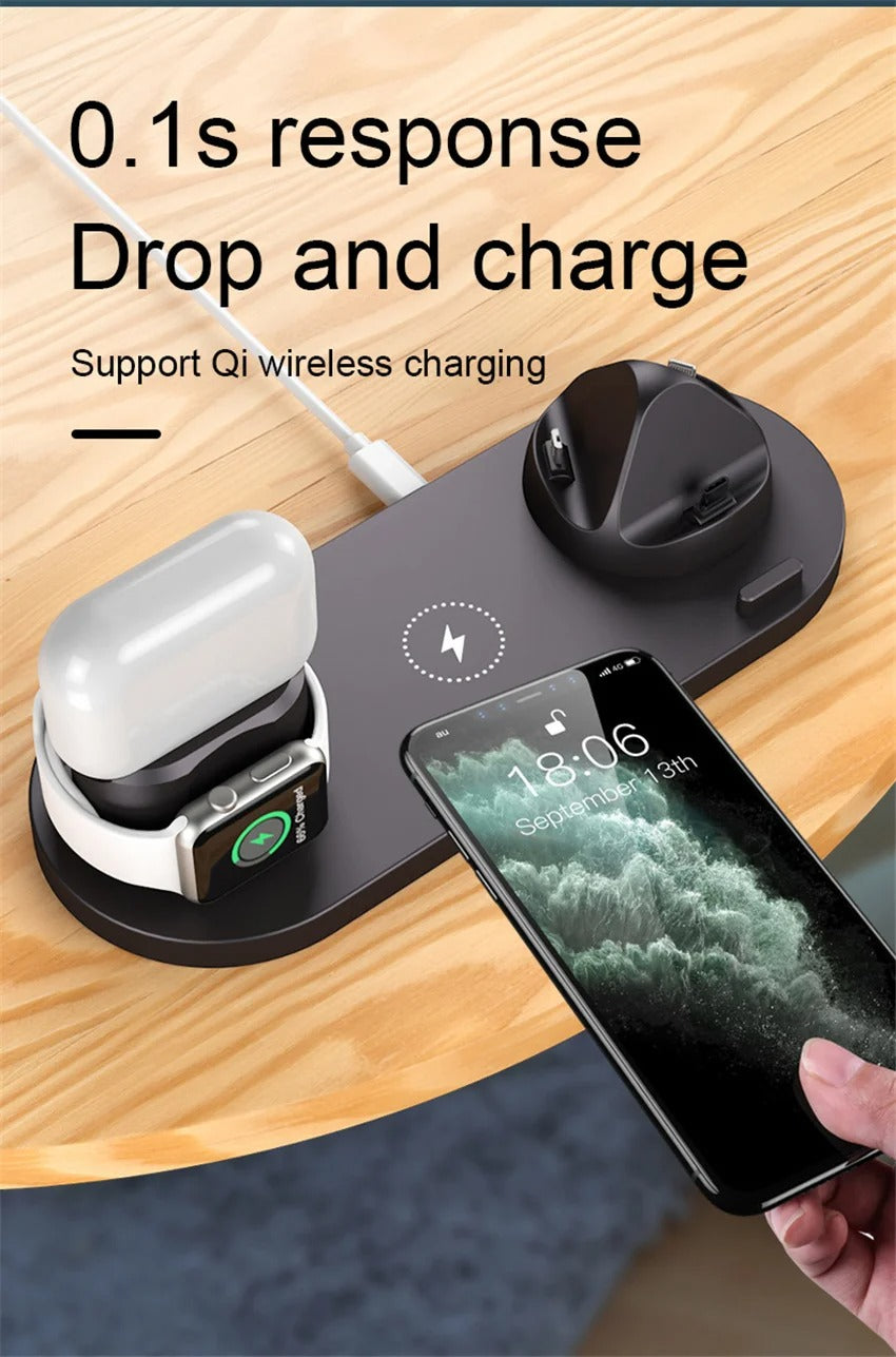 Premium 6 in 1 Wireless Charging Station – Fast Charger Dock for iPhone, Apple Watch, AirPods with Type-C, Lightning & Micro USB Ports, 15W Output