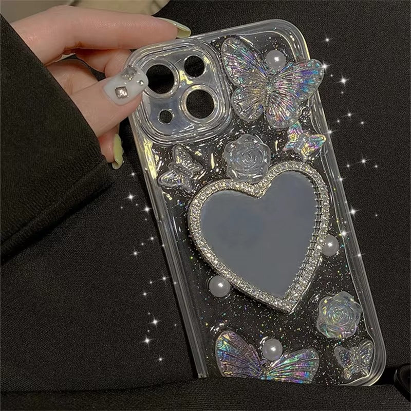 Luxury Apple iPhone Case, MagSafe Compatible, Camera Lens and Screen Protection, Ultra Thin, Shockproof, Magnetic, Full All Around Protection, Glitter Butterfly Mirror Cover
