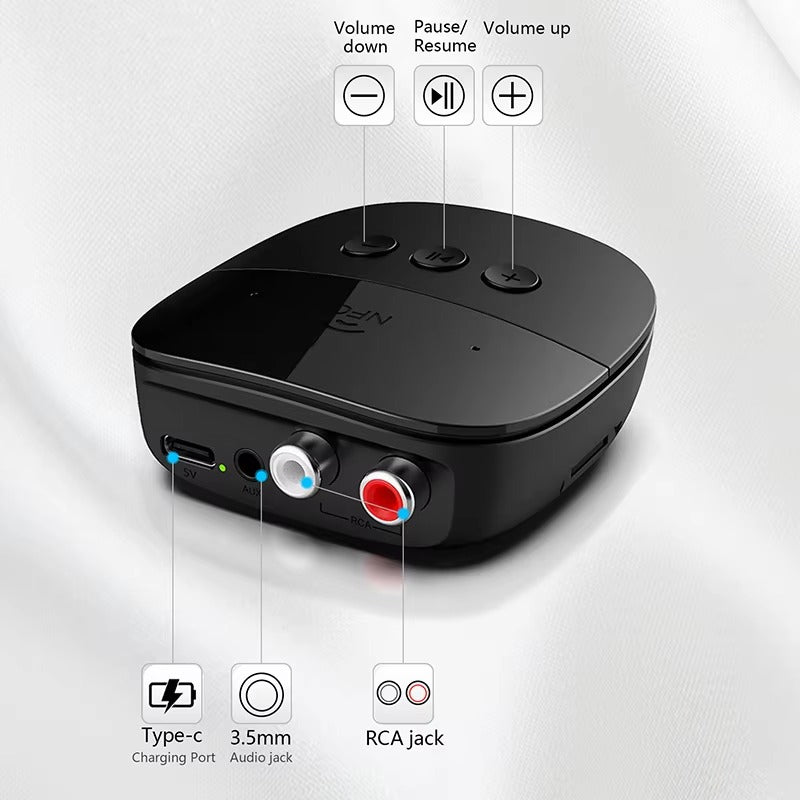 Premium Bluetooth 5.2 Audio Receiver for iPhone – Wireless RCA & TF Card, Mic Input, NFC, Car Kit & Speaker Amplifier Support