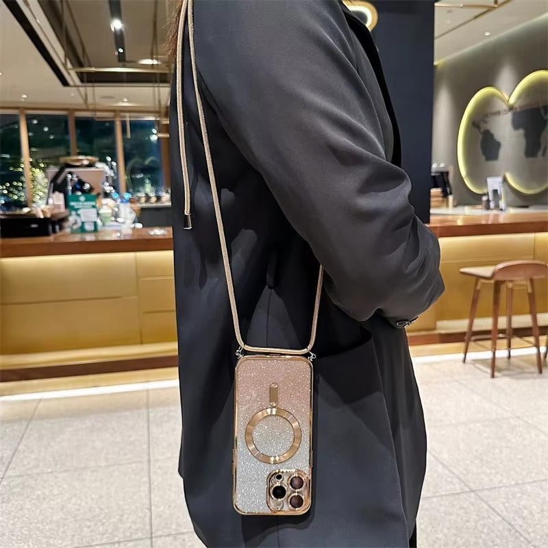 Premium Glitter Crossbody Apple iPhone Case, MagSafe Compatible, Ultra Thin Magnetic Shockproof Full Cover 