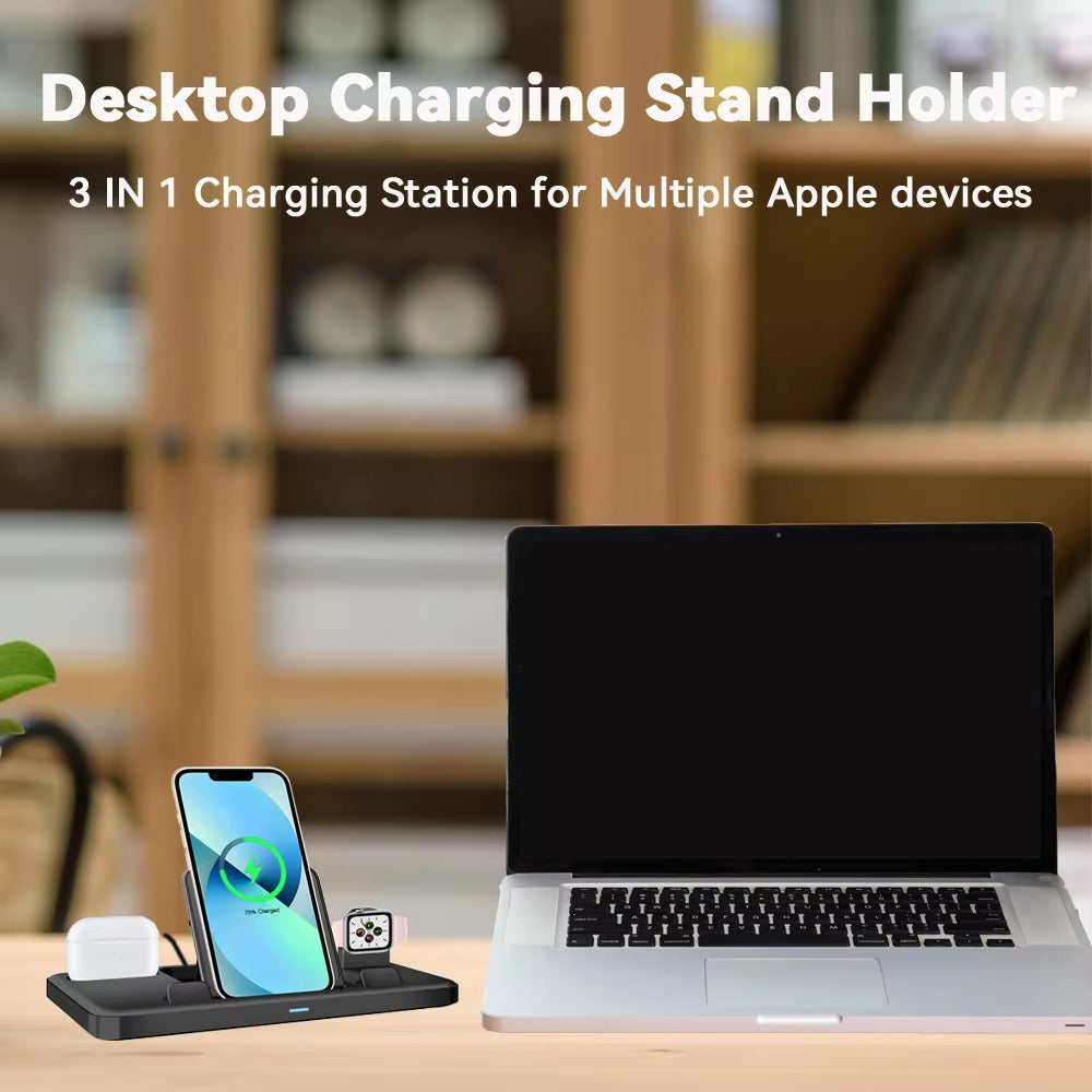 Premium 3 in 1 Charging Station – Portable Type-C Fast Charger Stand and Desk Holder for iPhone, Apple Watch and AirPods with Cable Included