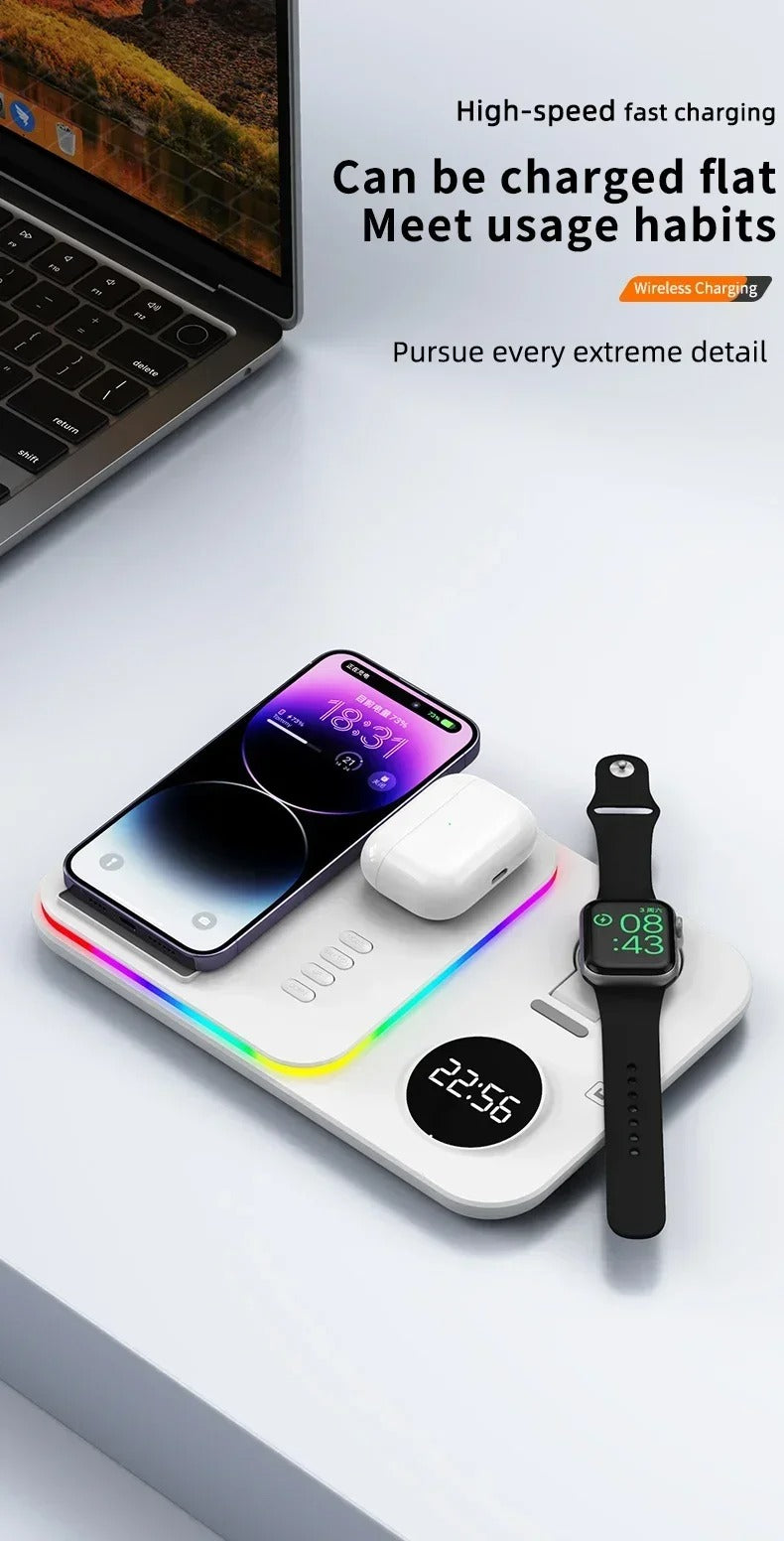 Premium 5 in 1 Wireless Charging Station – 30W Foldable Fast Charger Dock with RGB LED Light, Alarm Clock for Phones, Apple Watch, Samsung Watch & AirPods