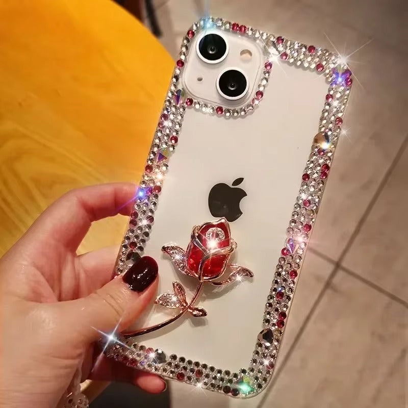 Luxury Apple iPhone Case, MagSafe Compatible, Camera Lens & Screen Protection, Ultra Thin, Shockproof, Magnetic Full All Around Cover – Diamond Bling Rhinestone Case with Glitter Rose Design for Sparkling Protection