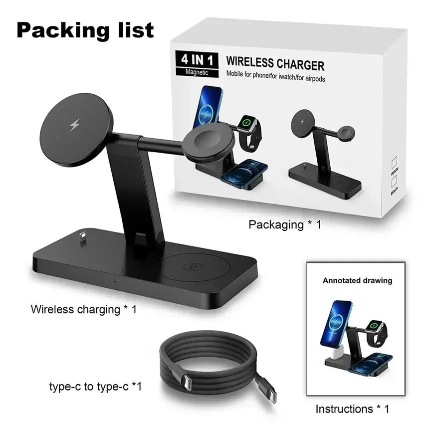 Premium 5 in 1 Magnetic Wireless Charging Station – Foldable Fast Charger Stand for Phones, Smartwatches, Earbuds with 30W Output & LED Night Light