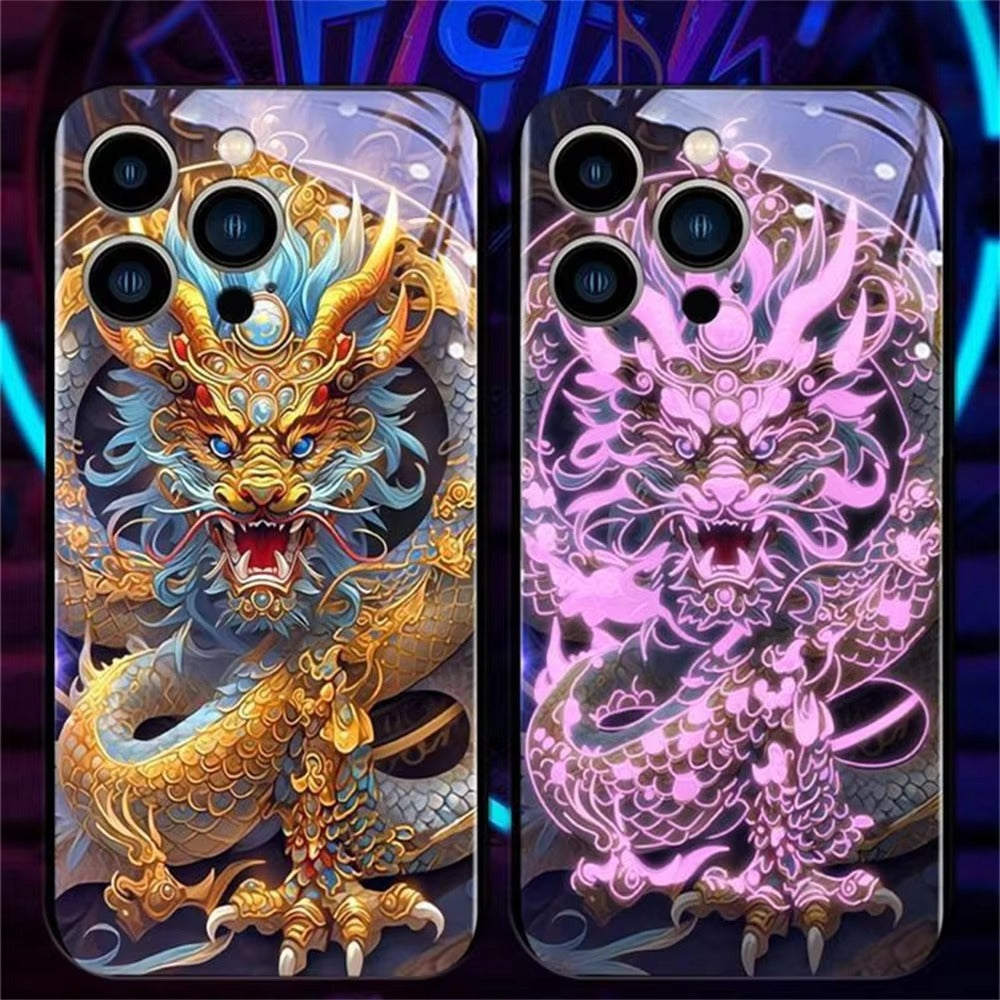 Premium Apple iphone  Case, LED Flash, Sound Reactive, Shockproof, Ultra Thin, Full Body Protection, Golden Dragon Luminous Glass Cover