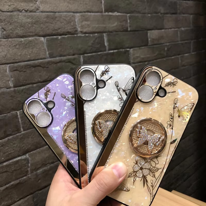 Luxury Apple iPhone Case, MagSafe Compatible, Camera Lens & Screen Protection, Ultra Thin, Shockproof, Magnetic Full All Around Cover – Shell Pattern Butterfly Case with Ring Holder & Hard Silicone TPU Back Design
