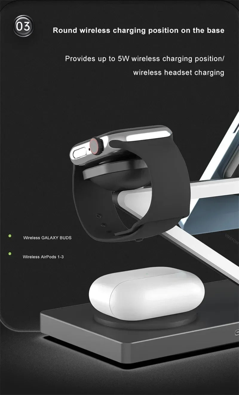 Premium 5 in 1 Magnetic Wireless Charging Station – Foldable Fast Charger Stand for Phones, Smartwatches, Earbuds with 30W Output & LED Night Light