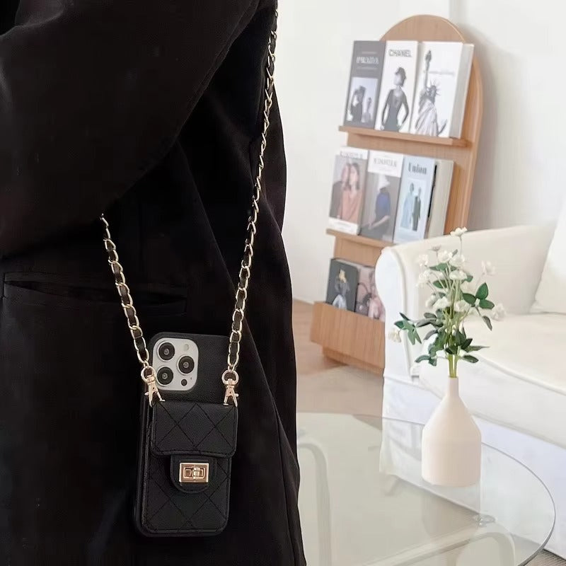 Luxury Apple iPhone Case, MagSafe Compatible, Camera Lens & Screen Protection, Ultra Thin, Shockproof, Magnetic Full All Around Cover – Lingge Envelope Crossbody Card Bag with Long Necklace Strap