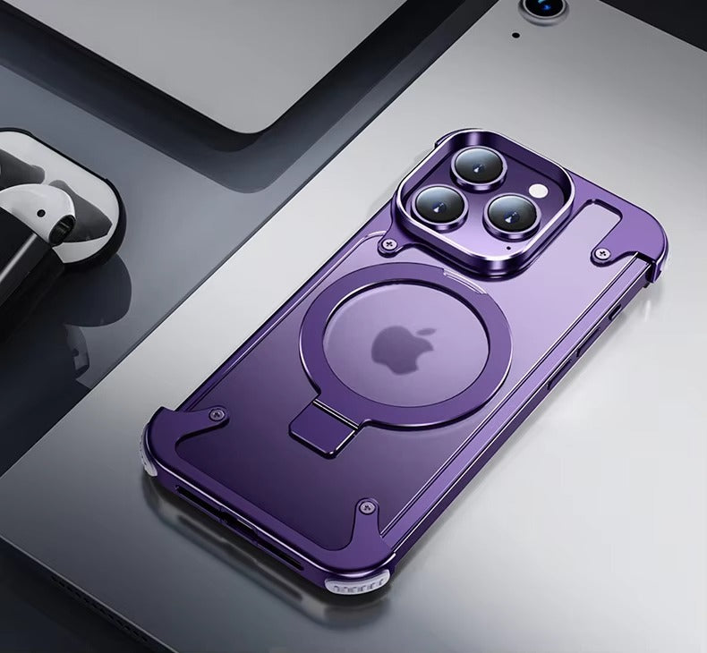Luxury Edgeless Apple iPhone Case, MagSafe Compatible, Ultra Thin Magnetic  Metal Frame and Aluminum Kickstand