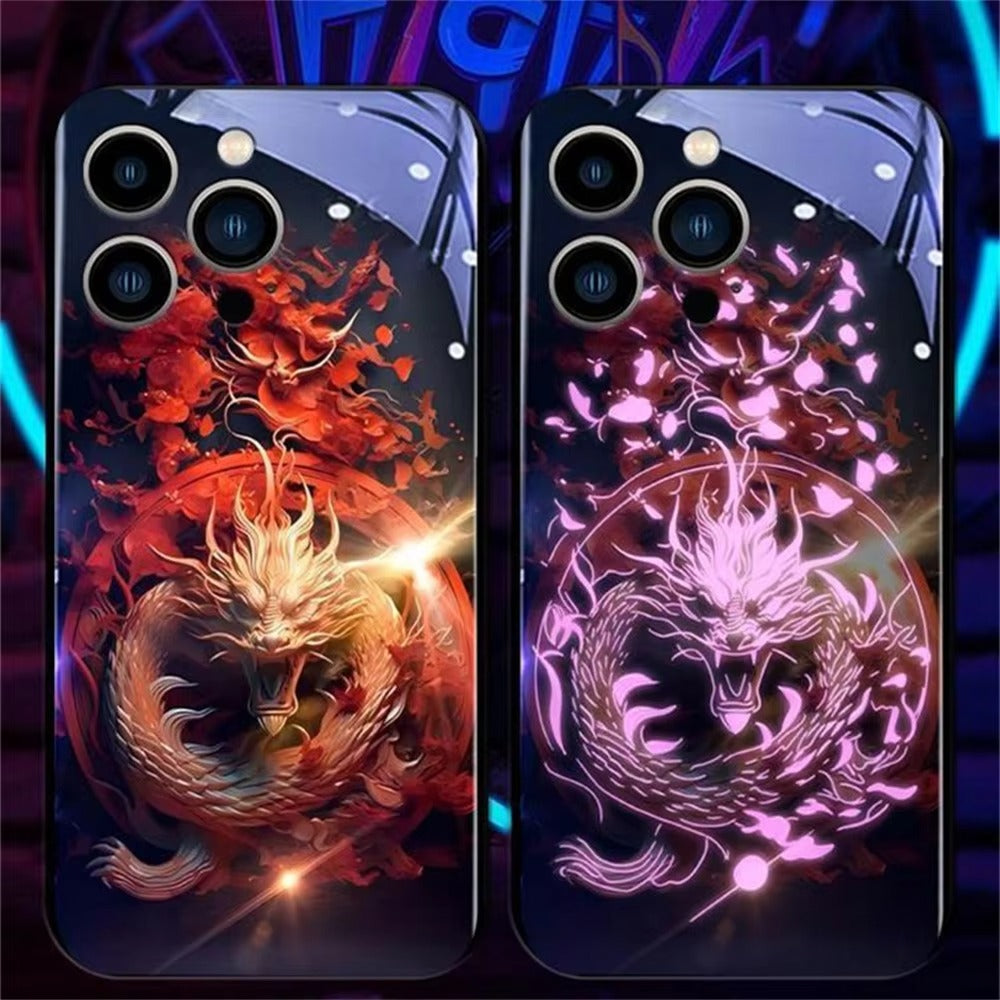 Premium Apple iphone  Case, LED Flash, Sound Reactive, Shockproof, Ultra Thin, Full Body Protection, Golden Dragon Luminous Glass Cover