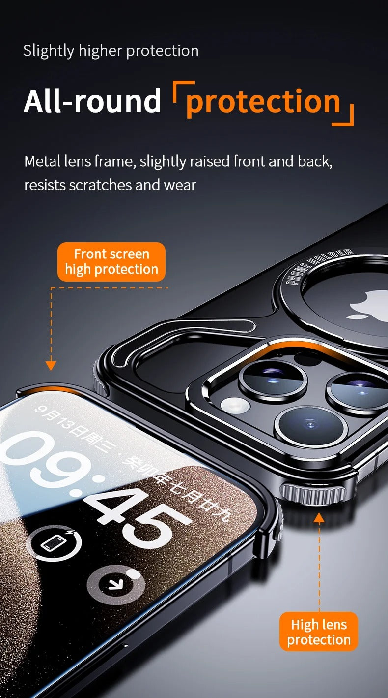 Premium Apple iPhone Case, MagSafe Compatible, Camera Lens & Screen Protection, Ultra Thin, Shockproof, Magnetic Full All Around Cover – Z-Type Aluminum Alloy Rimless Case with Snap-On Bracket & Metal Frame