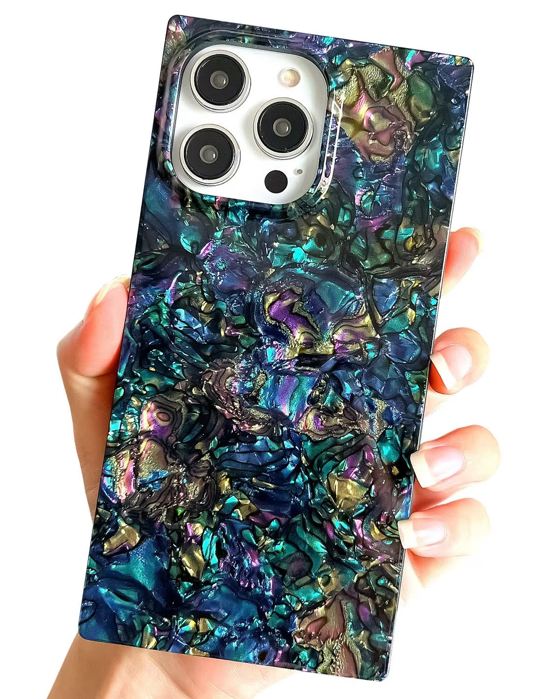 Luxury Apple iPhone Case, MagSafe Compatible, Camera Lens & Screen Protection, Ultra Thin, Shockproof, Magnetic Full All Around Cover – Colorful Abalone Mother of Pearl Case with Slim Rectangle Edge & Soft Silicone Design