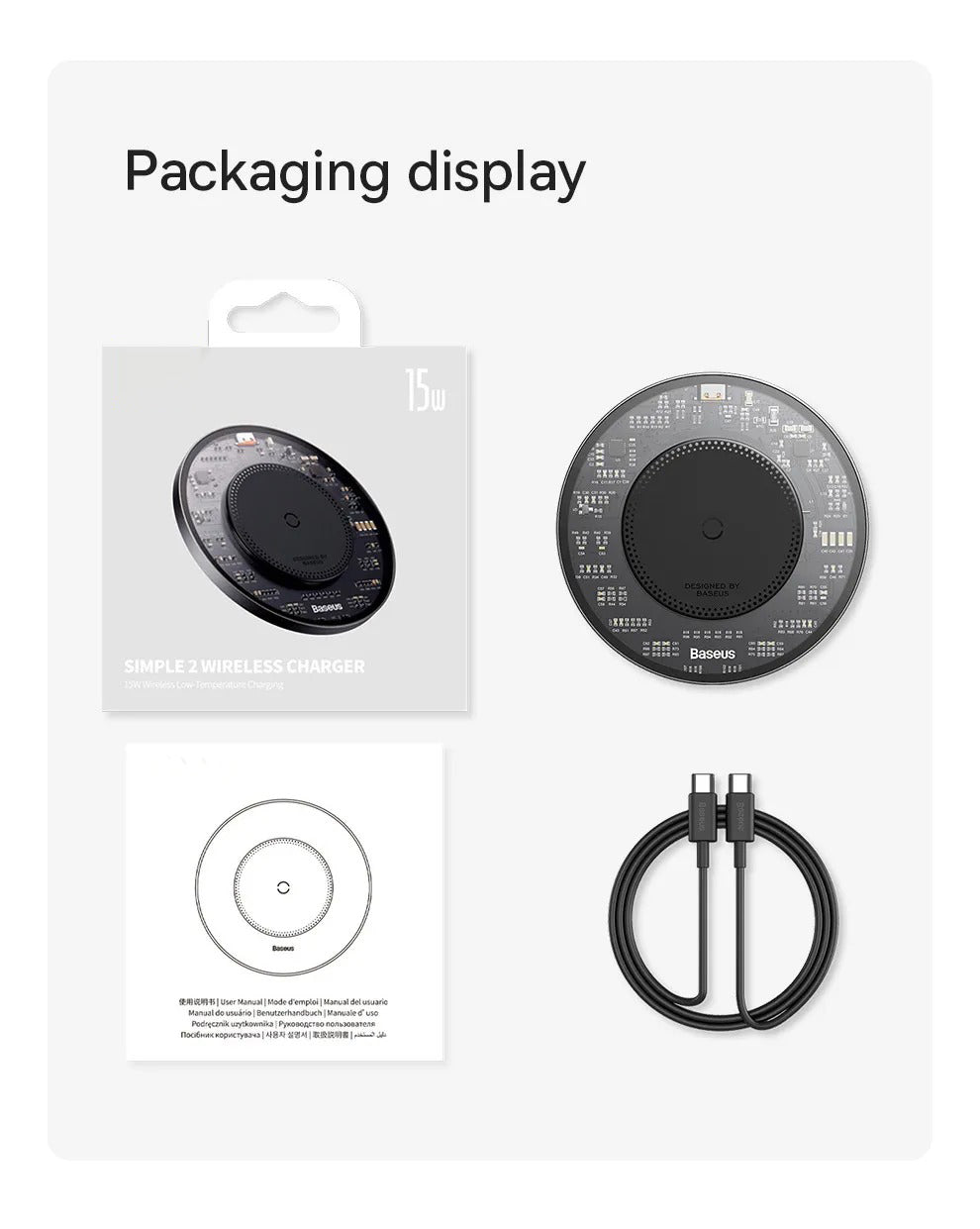 Premium 15W Wireless Charger Pad – Fast Qi Charging for iPhone, AirPods, Samsung, Xiaomi, LG, Clear Design, Type-C Cable, Charging Indicator