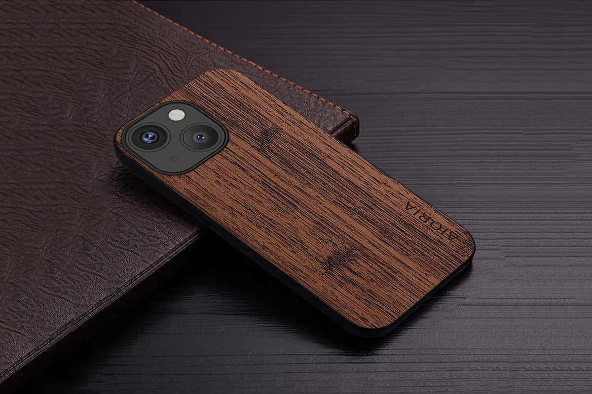 Premium Wood Grain iPhone Case MagSafe Compatible Ultra Thin Magnetic with Smooth Brown Texture and Metallic Frame Design