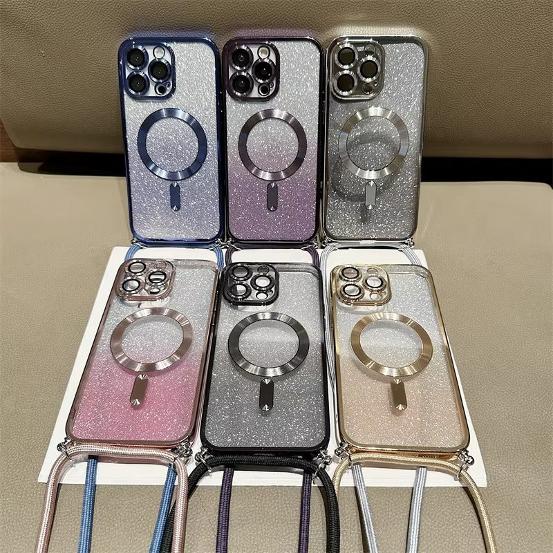 Premium Glitter Crossbody Apple iPhone Case, MagSafe Compatible, Ultra Thin Magnetic Shockproof Full Cover 
