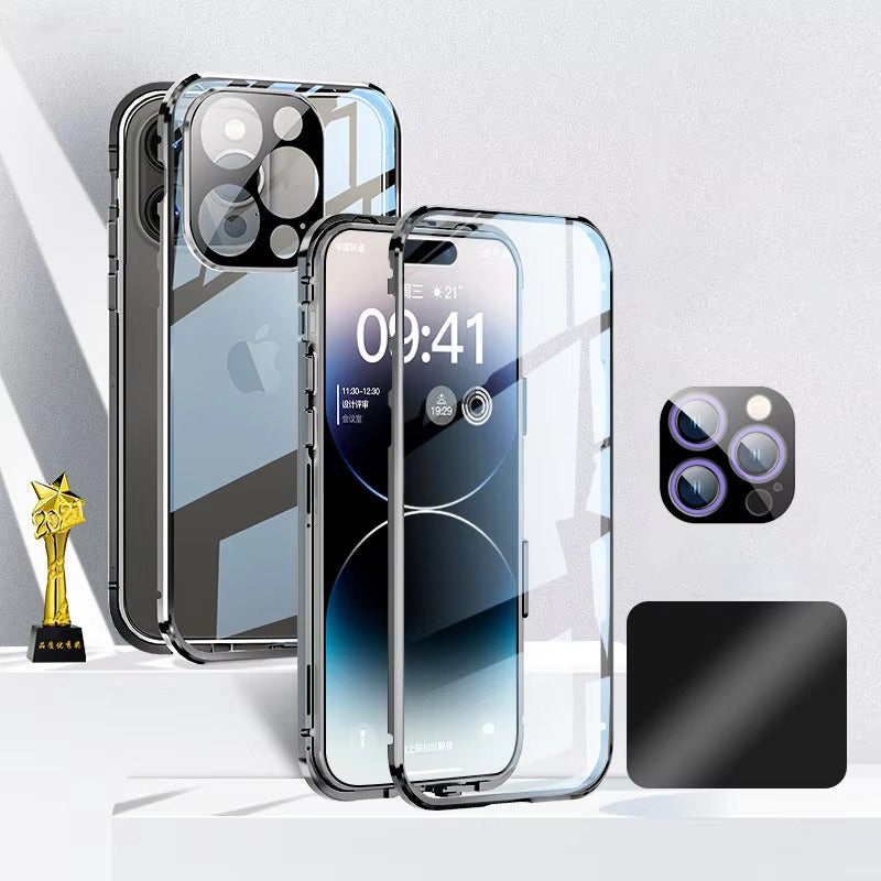High Quality 360° Magnetic Apple iPhone Case Ultra Full Metal Cover with Dual-Sided Glass and Camera Lens Protection Frame