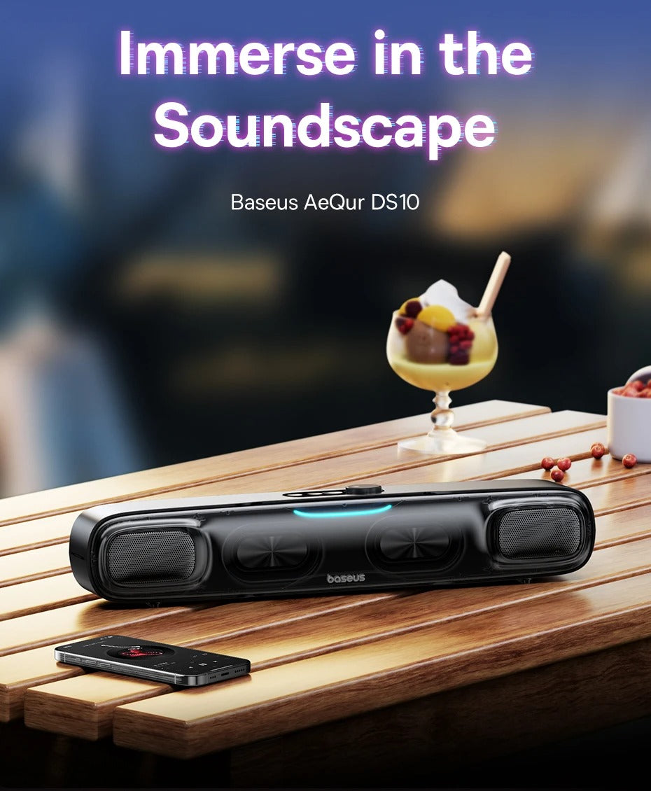 Premium Mini Bluetooth Soundbar for iPhone & Mac – Desk Speaker with 3D Surround Audio, Triple-Mode Playback, Subwoofer 