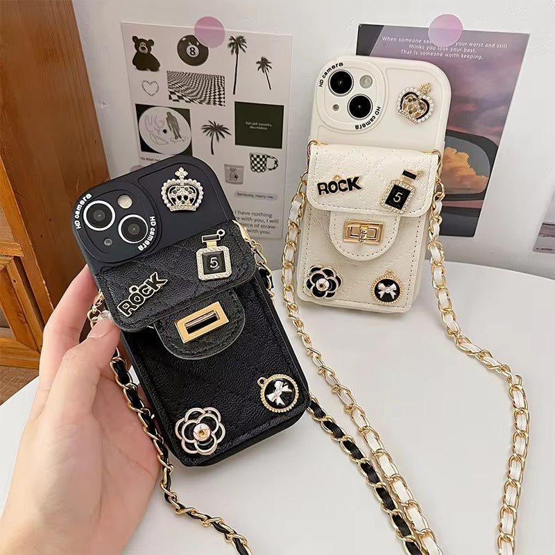 Luxury Apple iPhone Case, MagSafe Compatible, Camera Lens & Screen Protection, Ultra Thin, Shockproof, Magnetic Full All Around Cover – Camellia Flower Pearl Crown Crossbody Wallet Case