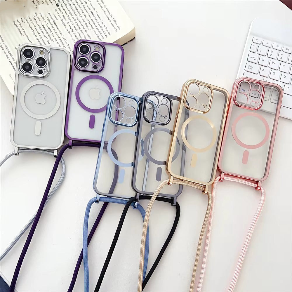 Luxury Apple iPhone Case, MagSafe Compatible, Camera Lens & Screen Protection, Ultra Thin, Shockproof, Magnetic Full All Around Cover – Clear Plating Soft Case with Necklace Lanyard Cord