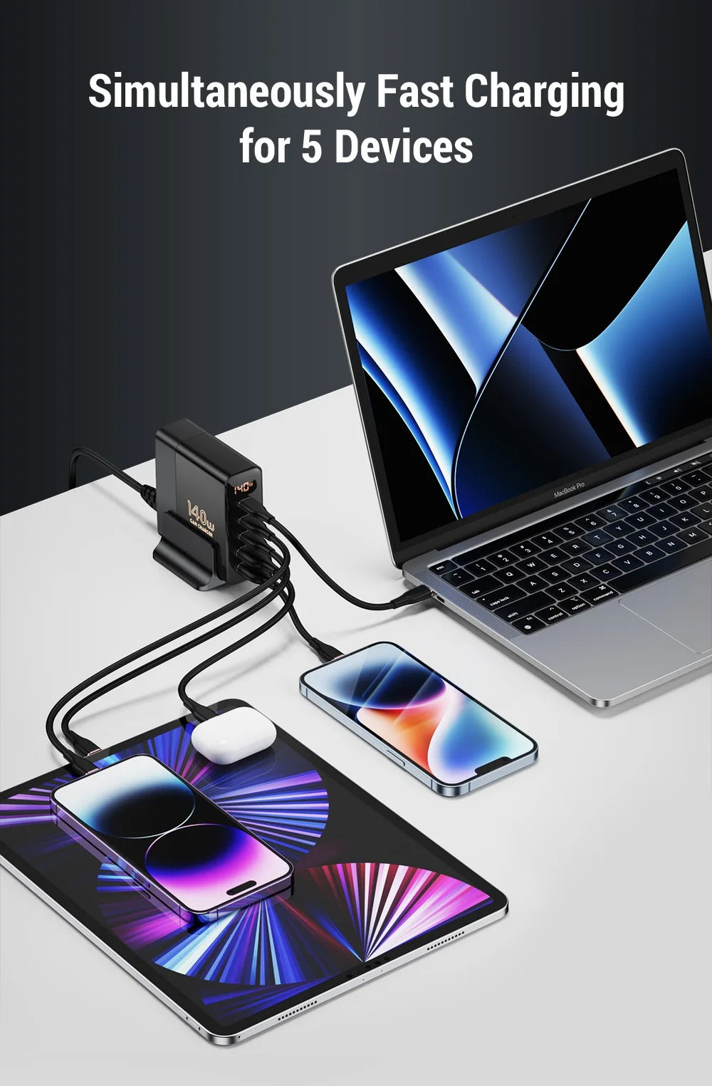 High Quality 140W GaN Desktop Charger – 5 Port Fast Charging Station with USB C PD PPS QC Support for Laptops, Tablets, Phones and Smart Devices