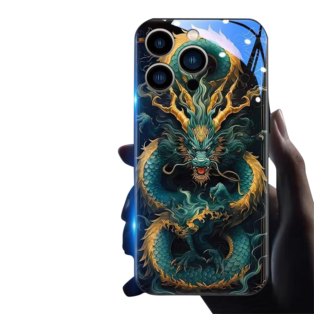 Premium Apple iphone  Case, LED Flash, Sound Reactive, Shockproof, Ultra Thin, Full Body Protection, Golden Dragon Luminous Glass Cover