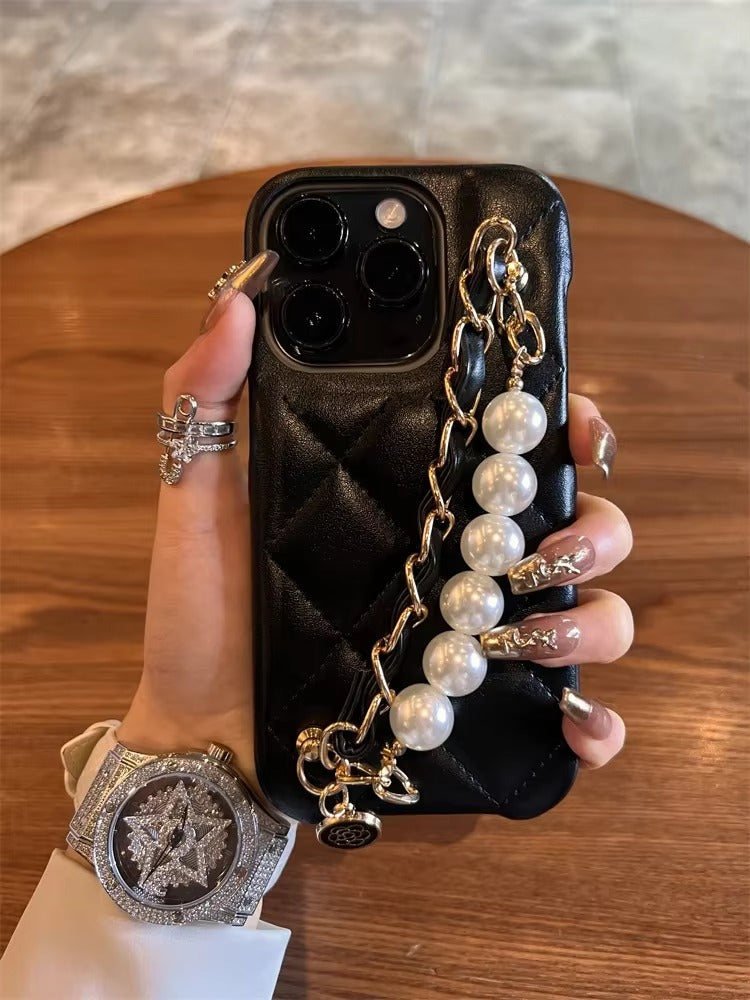 Luxury Apple iPhone Case, MagSafe Compatible, Camera Lens & Screen Protection, Ultra Thin, Shockproof, Magnetic Full All Around Cover – Pearl Metal Hand Chain Case with Lattice Lambskin Pattern for Women