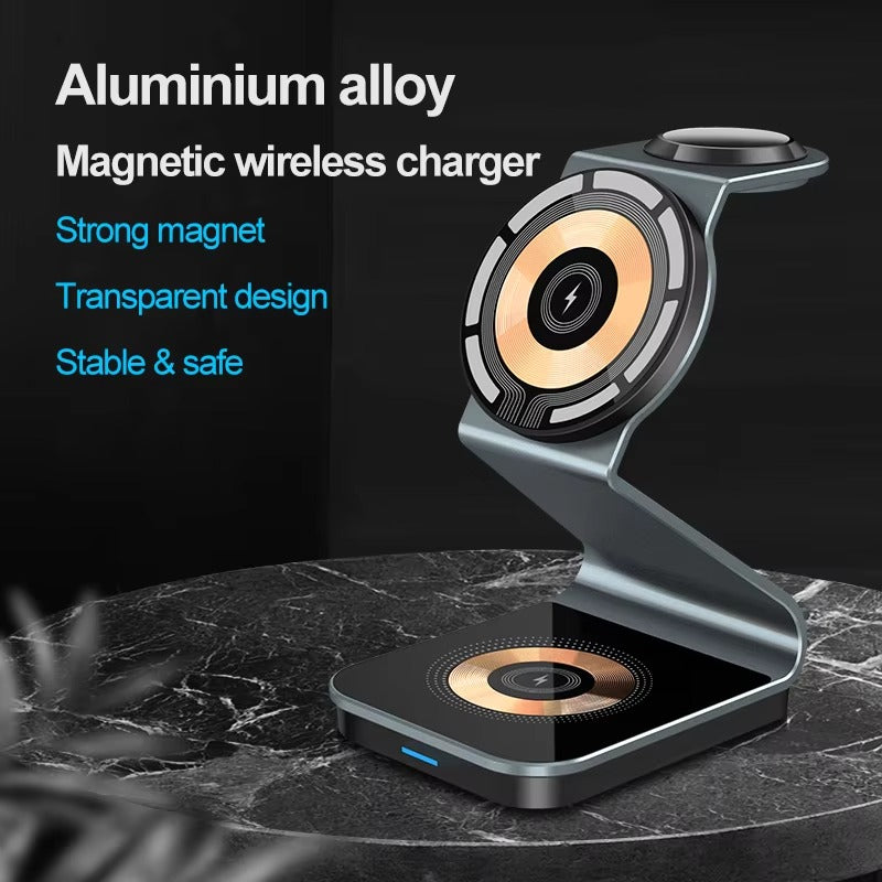 Luxury 3 in 1 Magnetic Wireless Charger Stand – Transparent Fast Charging Dock for iPhone, Apple Watch, AirPods with Aluminum Alloy Design, 15W Output