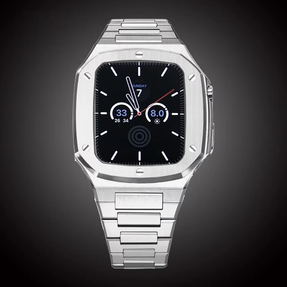 Luxury Metal Mod Kit for Smartwatch – Bezel Frame, Strap, and Case Set for 44mm to 45mm Watches, Premium Custom Accessories 