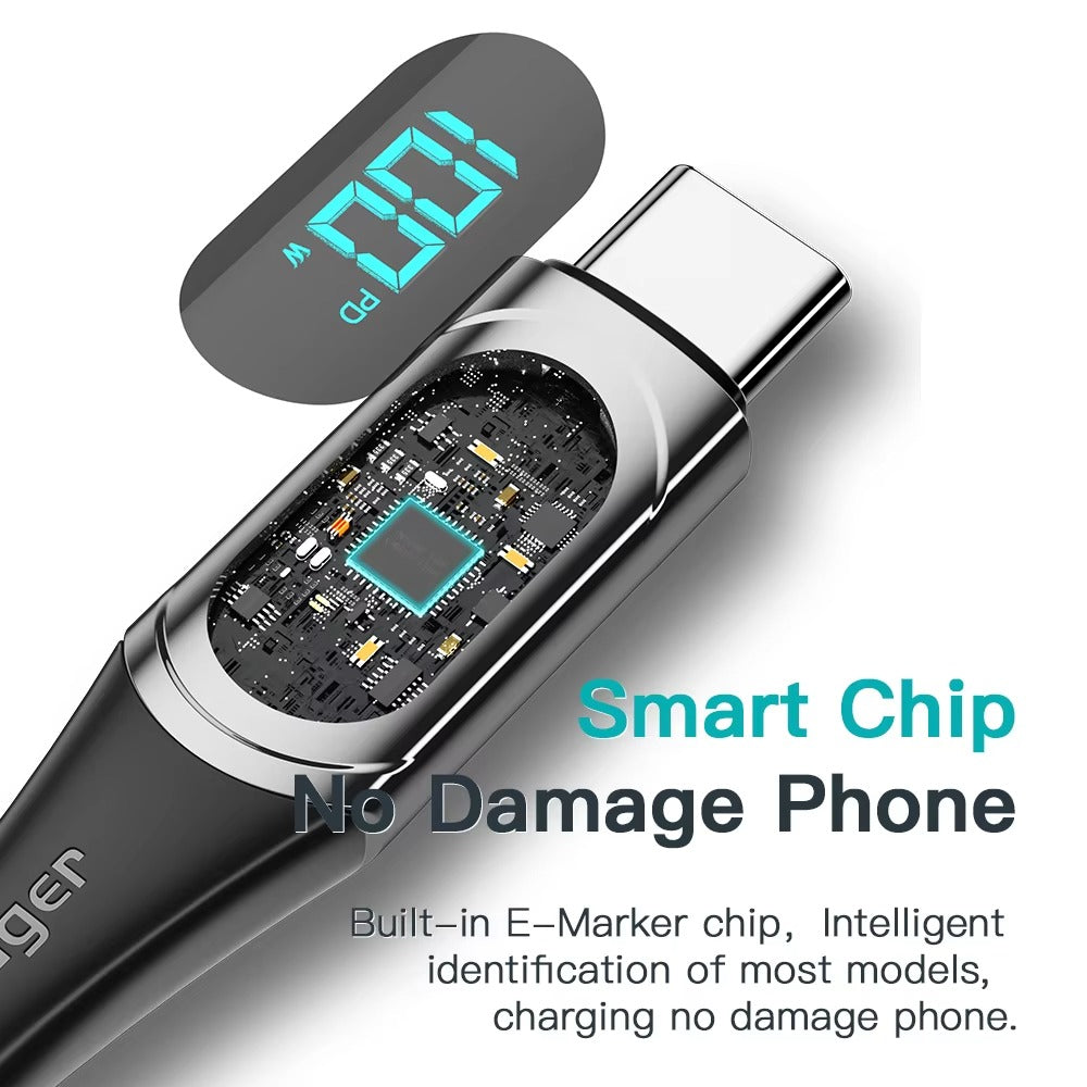 High Power 100W USB-C to USB-C Cable – Fast Charging 5A PD Charger Cord with LED Display, 480Mbps Data Transfer, 1m/2m Nylon Braided Wire for Laptop & Phone