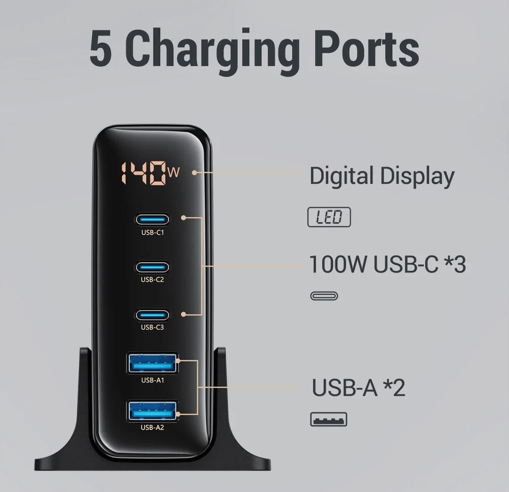 High Quality 140W GaN Desktop Charger – 5 Port Fast Charging Station with USB C PD PPS QC Support for Laptops, Tablets, Phones and Smart Devices