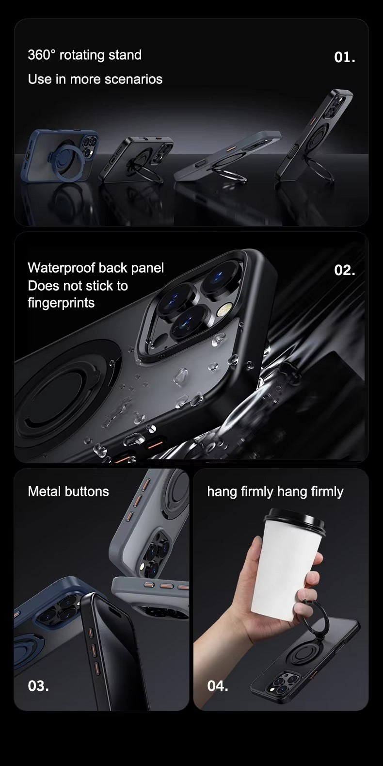 Luxury Apple iPhone Case MagSafe Compatible, Camera Lens & Screen Protection, Cover with 360° Ring Stand & Frosted Finish